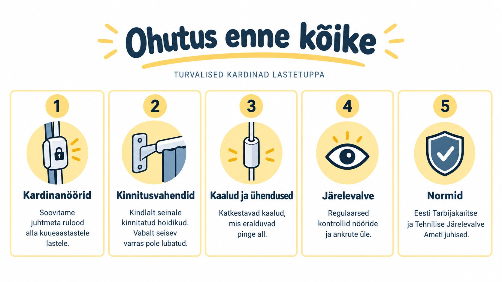 Infograafik viie olulise ohutusnõuandega turvaliste kardinate paigaldamiseks lastetuppa, et vältida õnnetusjuhtumeid.