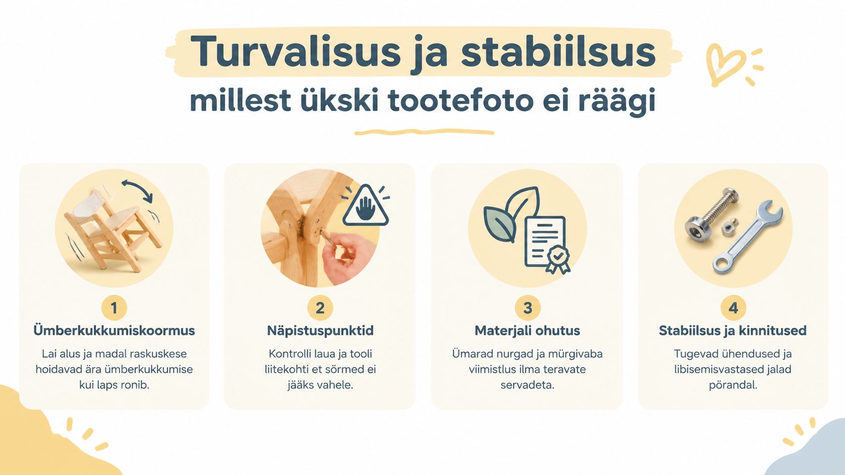 Infograafik selgitab laste mööbli turvalisust ja stabiilsust, rõhutades õnnetuste ennetamist, ohutuid liitekohti ja kvaliteetseid materjale.