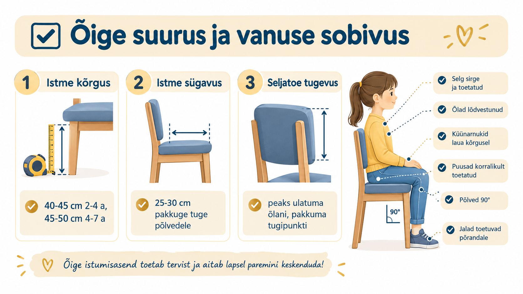 Illustratsioon, mis selgitab laste õige istumisasendi, tooli kõrguse ja sügavuse valimise juhiseid tervislikuks arenguks.
