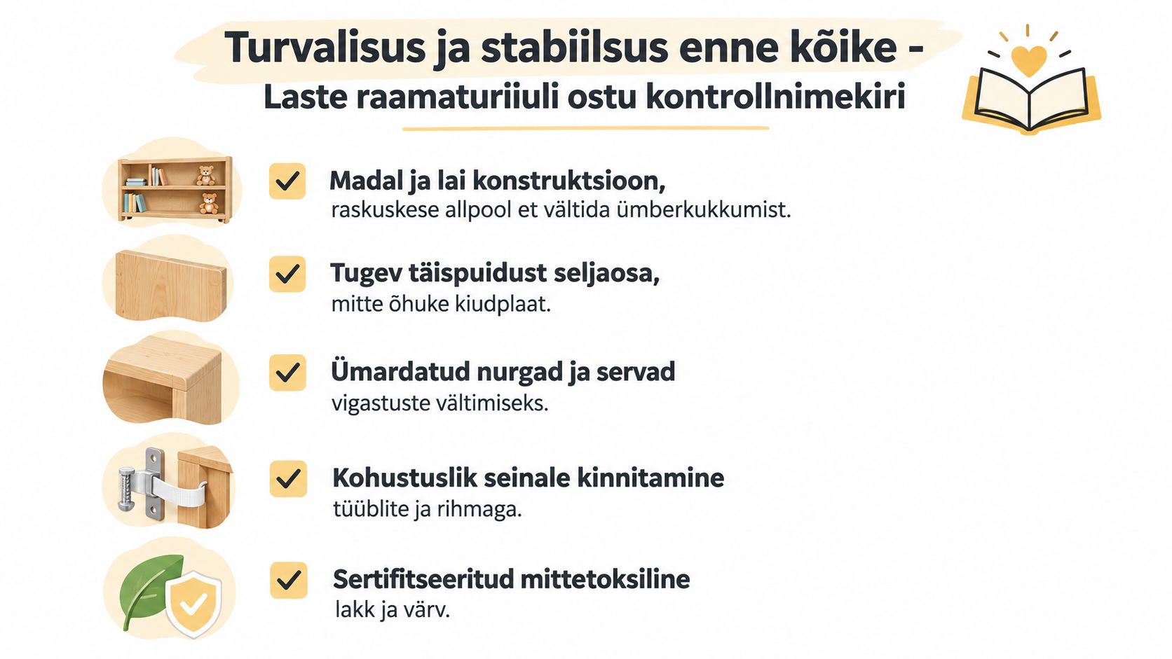 Kontrollnimekiri laste raamaturiiuli turvaliseks ja stabiilseks ostmiseks, mis sisaldab viite olulist nõuannet lapse toa sisustamisel.