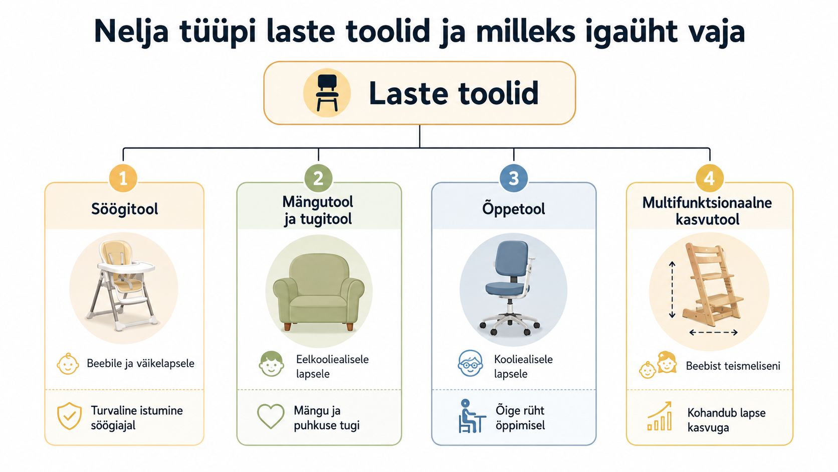 Infograafik nelja erineva laste tooli tüübi, nende sihtgrupi ja peamise kasutusotstarbe selgitamiseks.