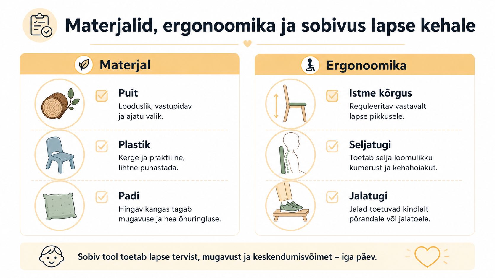 Infograafik laste toolide valimise kohta, mis kirjeldab materjale, ergonoomikat ja lapse keha toetamise olulisust.