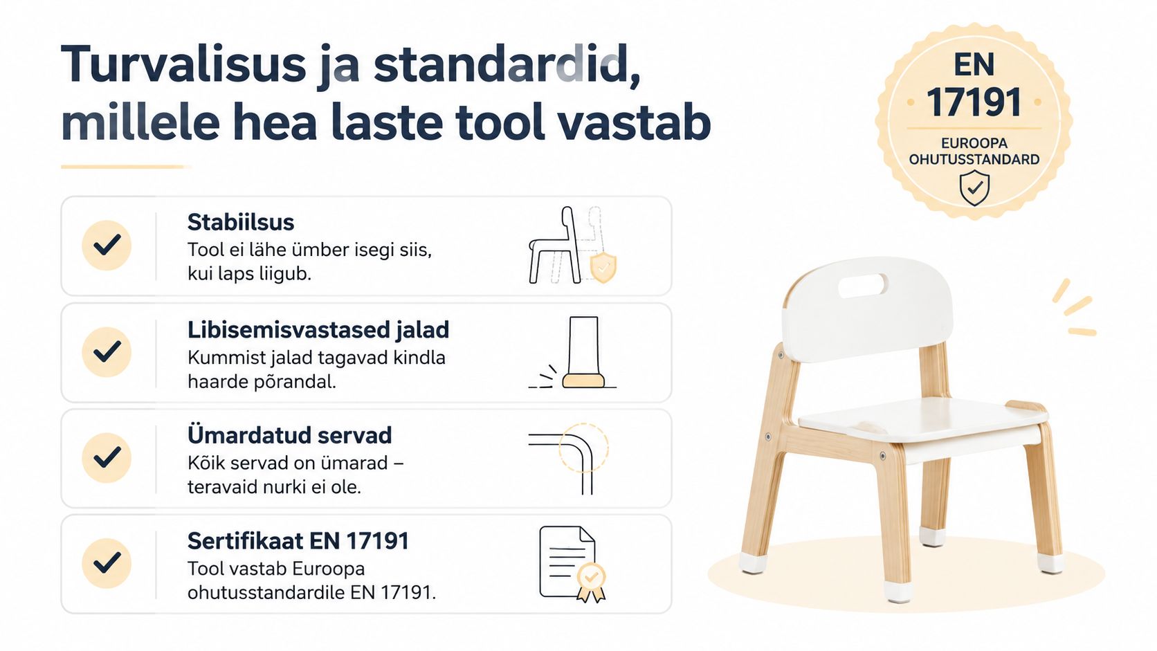 Infograafika, mis selgitab kvaliteetse laste tooli ohutusstandardeid ja turvalisuse tagamise põhimõtteid ning sertifikaate.