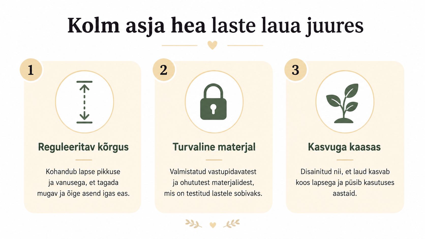 Graafiline infograafik, mis toob välja kolm olulist omadust kvaliteetse laste laua valimisel.