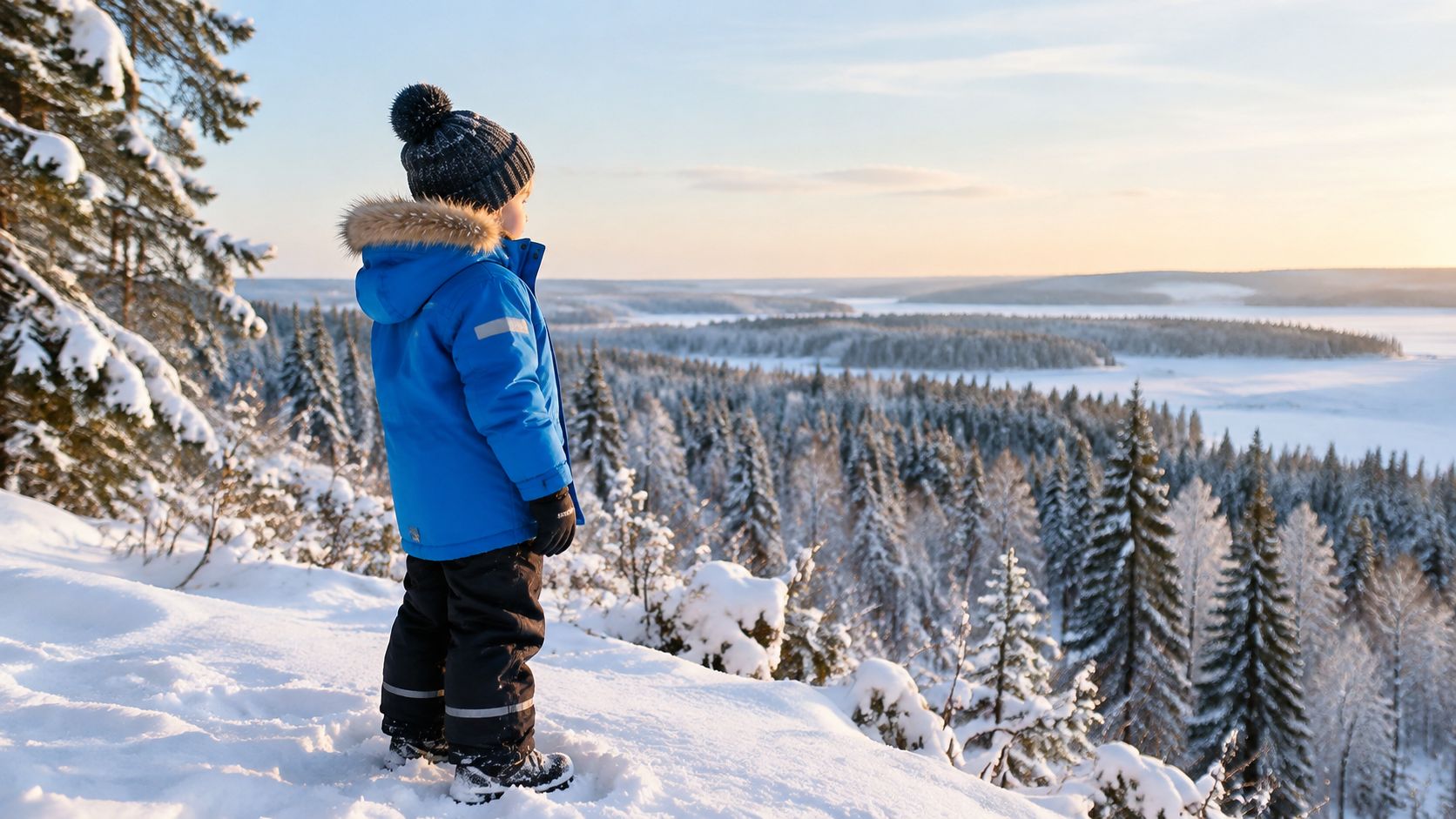 Väike laps seisab lumisel künkal, vaadates talvist metsamaastikku ja sinist taevast seljas sinine talvejope.