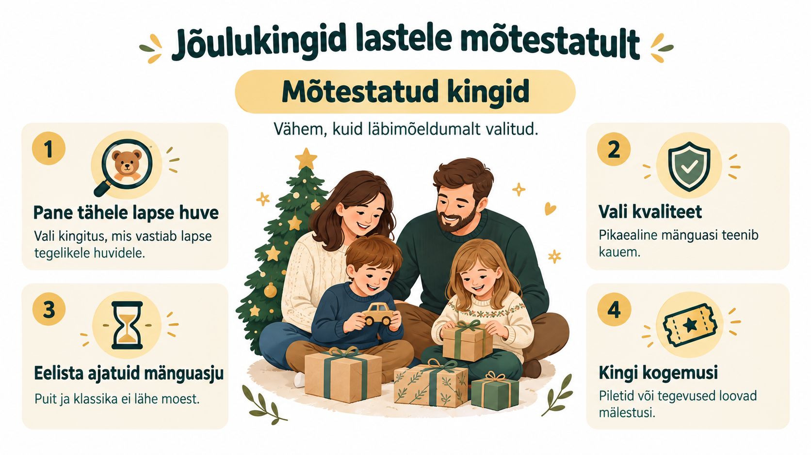 Infograafik jõulukinkide valimise kohta, mis rõhutab läbimõeldud kingituste tähtsust lastele kvaliteedi ja elamuste kaudu.
