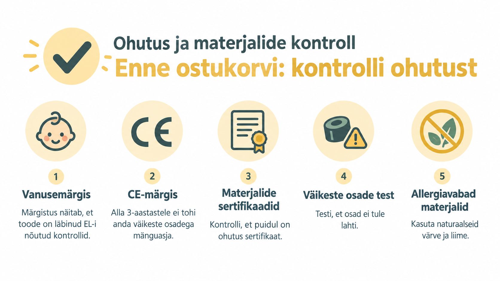 Juhend laste mänguasjade ohutuse ja materjalide kontrollimiseks enne ostu sooritamist, et tagada toote sobivus ja turvalisus.