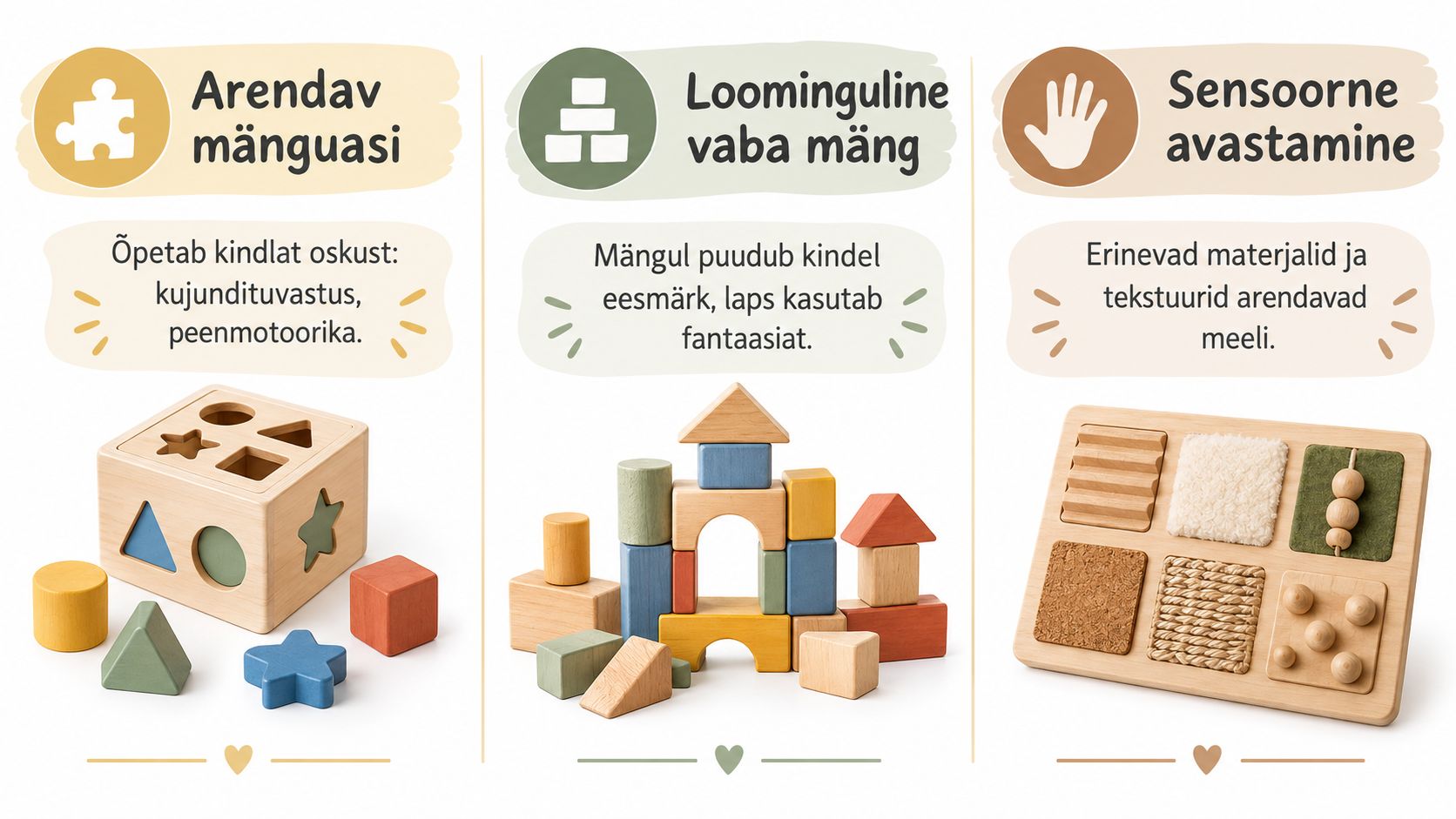 Pildil on kolme tüüpi puidust arendavaid mänguasju: kujundite sorteerija, ehitusklotsid ja sensoorne mängulaud laste oskuste arendamiseks.