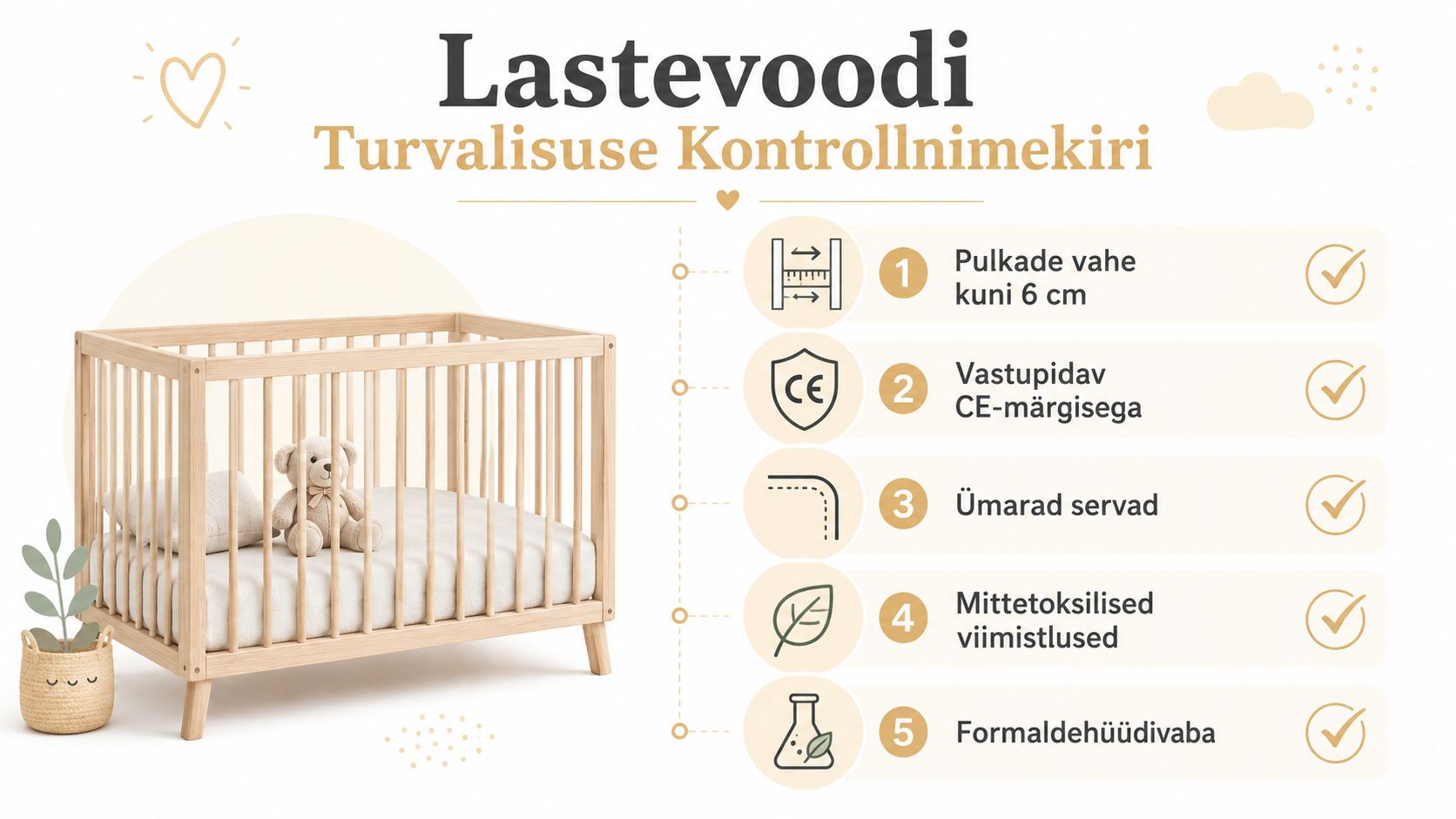 Kontrollnimekiri lastevoodi turvalisuse tagamiseks, mis sisaldab soovitusi pikkade vahede, materjalide ja viimistluse osas ohutuks kasutamiseks.