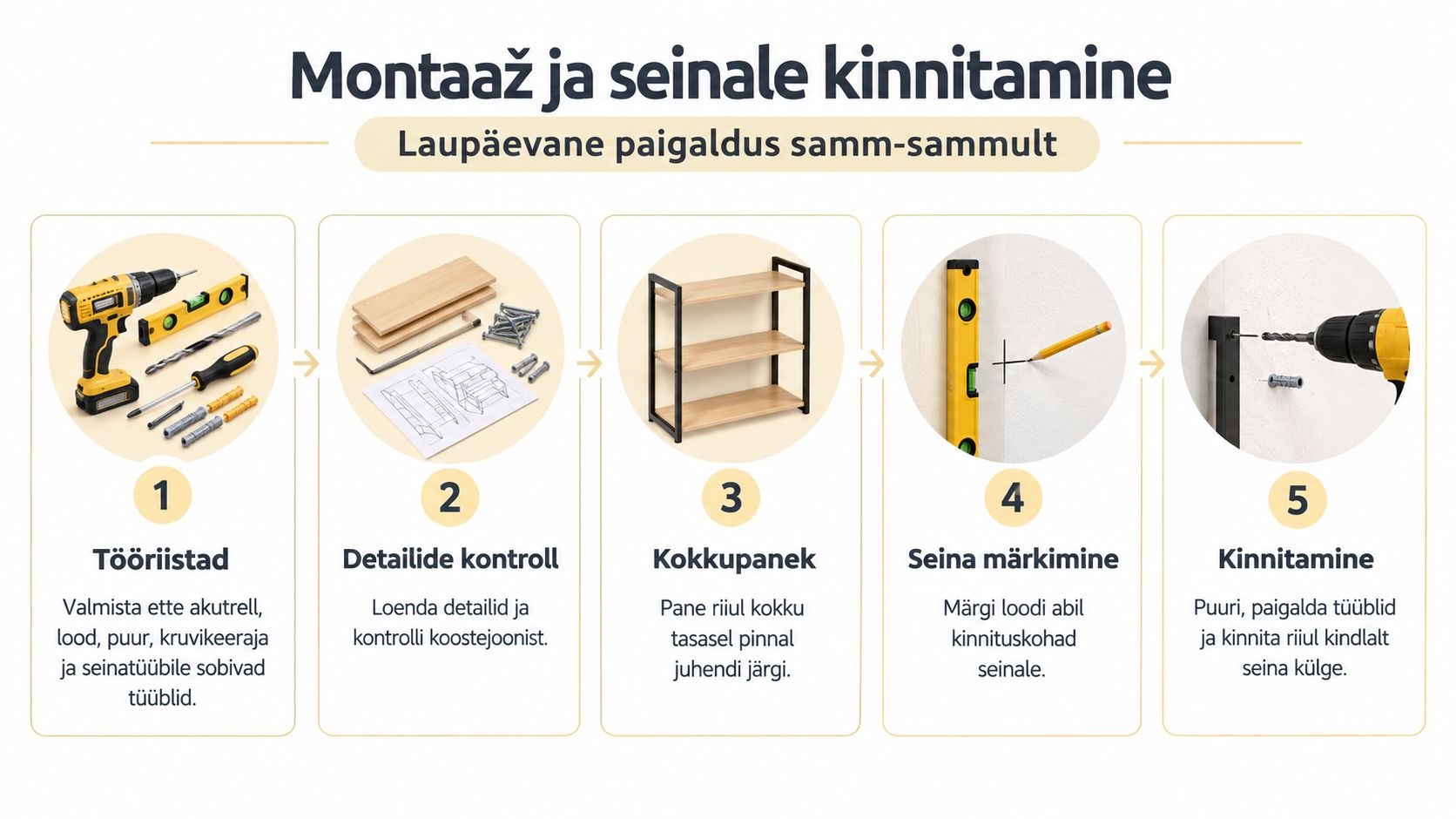 Juhend riiuli monteerimiseks ja seinale kinnitamiseks viies lihtsas etapis koos vajalike tööriistade ja juhistega.