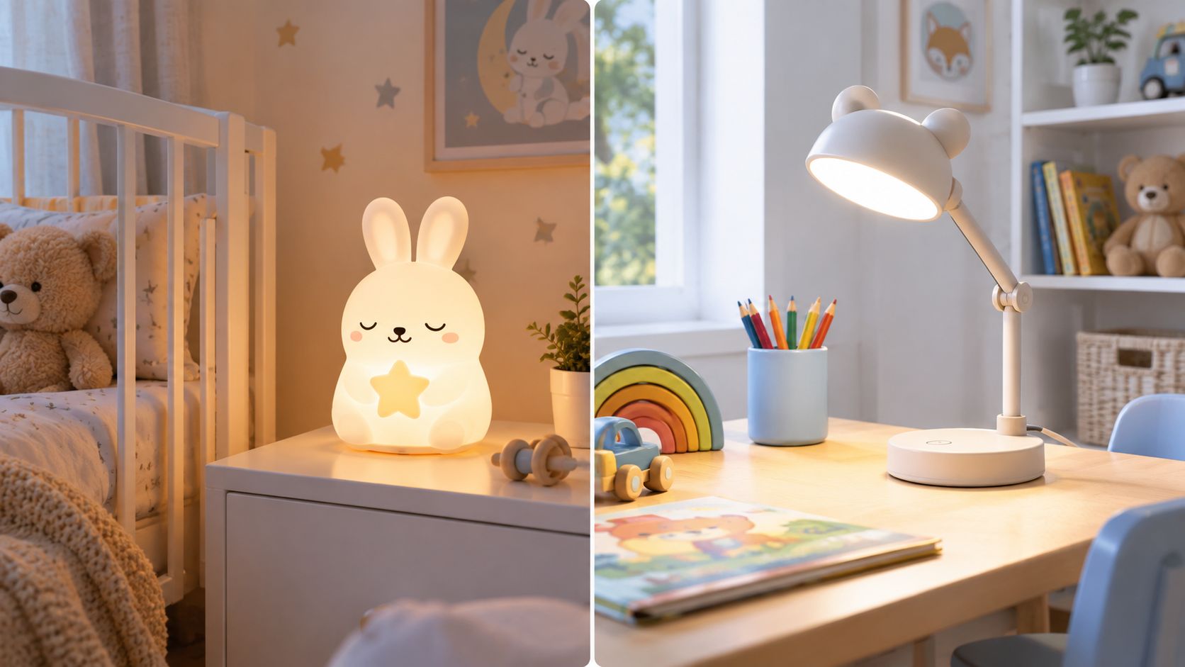 Kaks pilti lastetoa valgustitest, vasakul on armas jänese kujuline öölamp ja paremal on kirjutuslaua lamp.