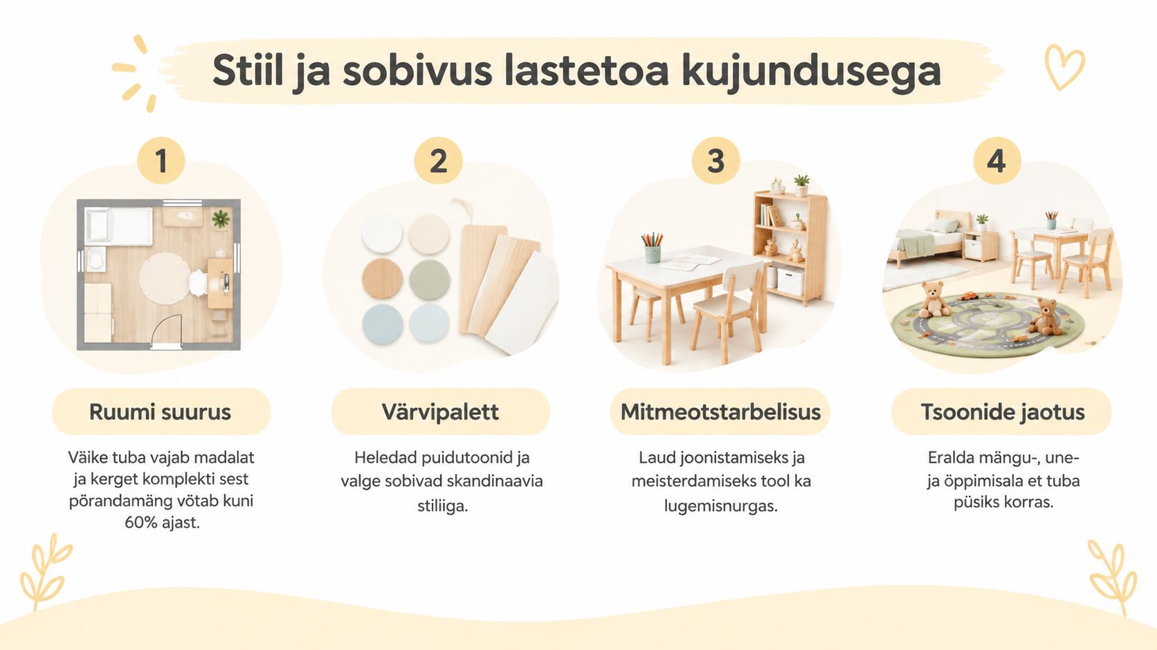 Juhend laste toa kujundamiseks, mis rõhutab mööbli valikut, värvipaletti, mitmeotstarbelisust ja ruumi tsoonideks jagamist.