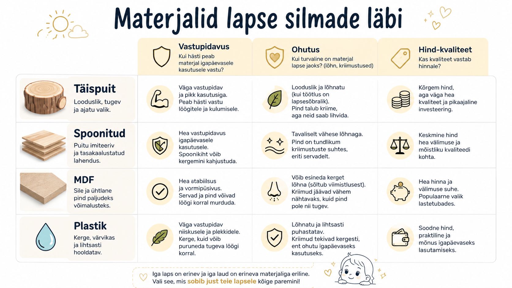 Võrdlustabel, mis tutvustab erinevate materjalide nagu täispuit, spoon, MDF ja plastik omadusi laste laua valimisel.