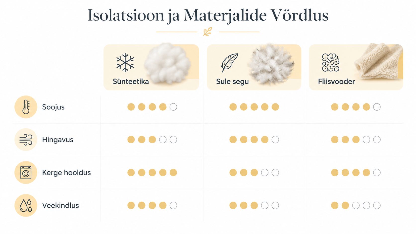 Võrdlustabel, mis näitab sünteetika, sule segu ja fliisi omadusi soojuse, hingavuse, hoolduse ning veekindluse osas.