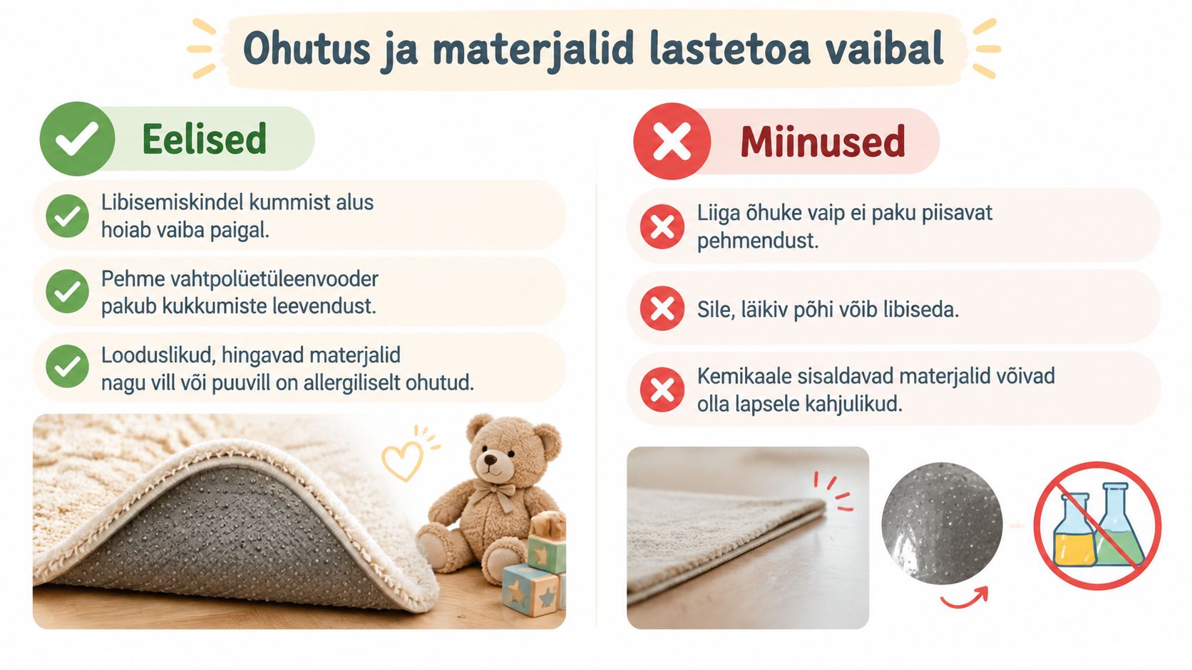 Võrdlev tabel laste toa vaiba ohutuse ja materjalide kohta, mis näitab eeliseid ja võimalikke miinuseid.