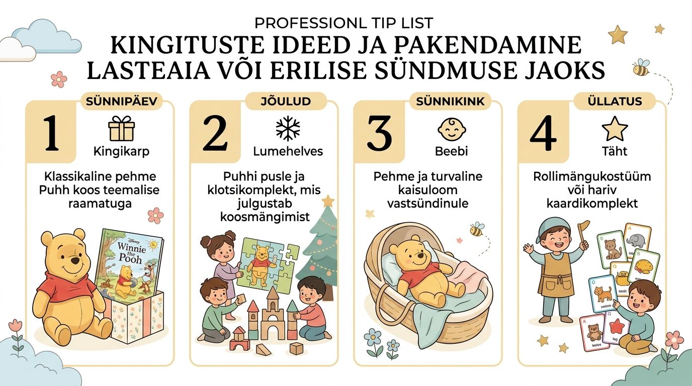 Juhend kingituste ideedega lasteaia ja eriliste sündmuste jaoks, kasutades populaarset Karupoeg Puhhi teemat ja tegelasi.