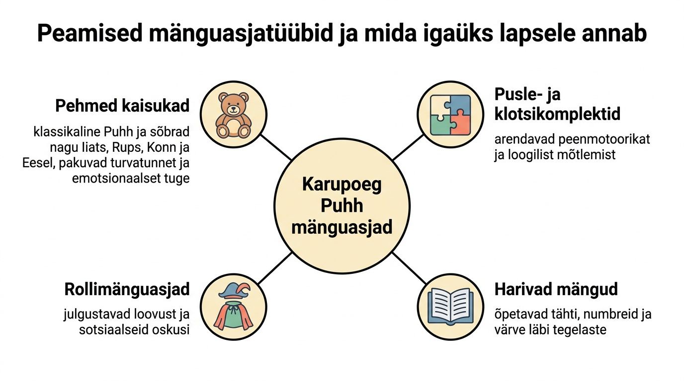 Skeem, mis selgitab erinevate Karupoeg Puhhi teemaliste mänguasjade kasulikkust lapse arengule ja emotsionaalsele heaolule.