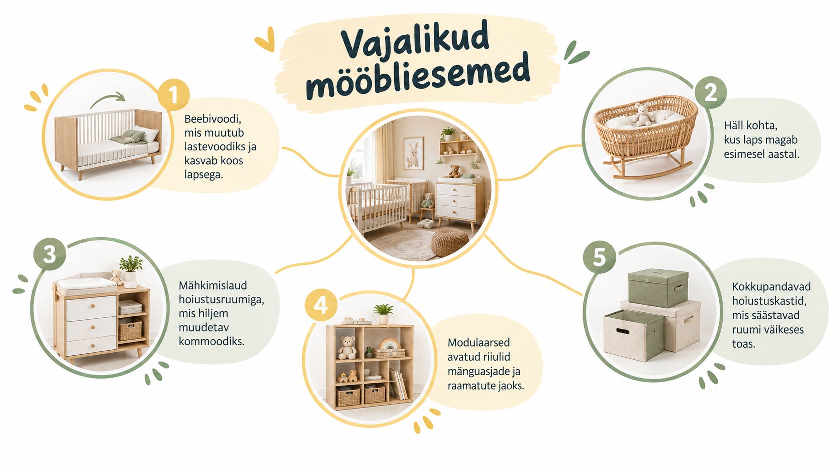 Infograafika, mis tutvustab vajalikke beebitoa mööbliesemeid, sealhulgas voodit, hälli, mähkimislauda, riiulit ja hoiustamiskaste.