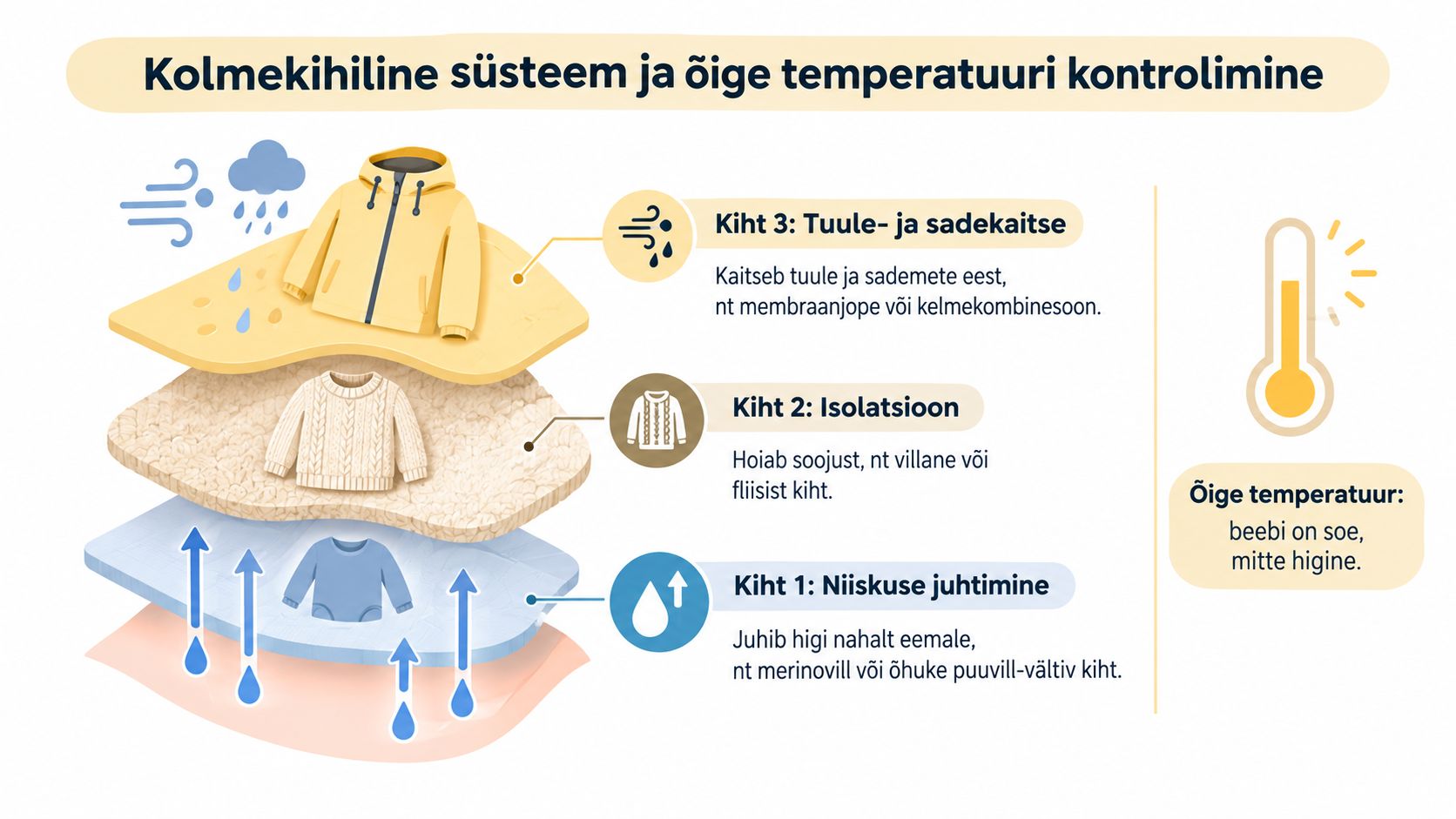 Infograafik kolmekihilisest riietussüsteemist, mis aitab hoida beebit talvel õige temperatuuri juures ja kaitsta teda ilmastiku eest.