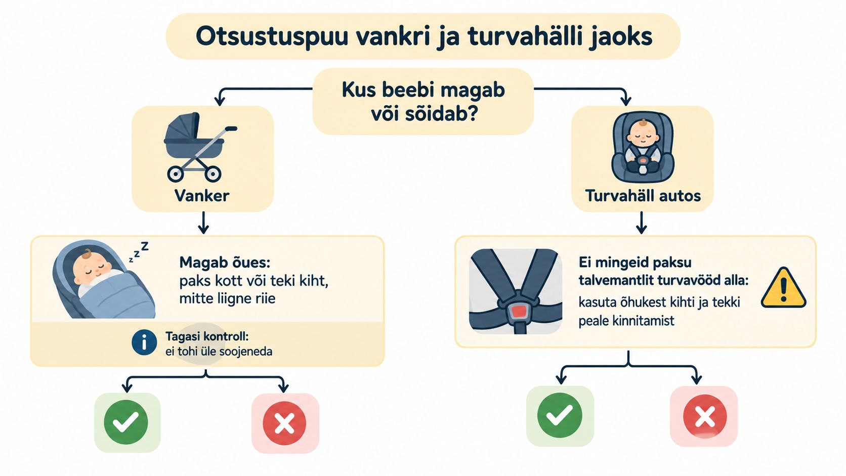 Otsustuspuu juhistega, kuidas beebit vankris ja turvahällis talvel ohutult riietada ning ülekuumenemist vältida.