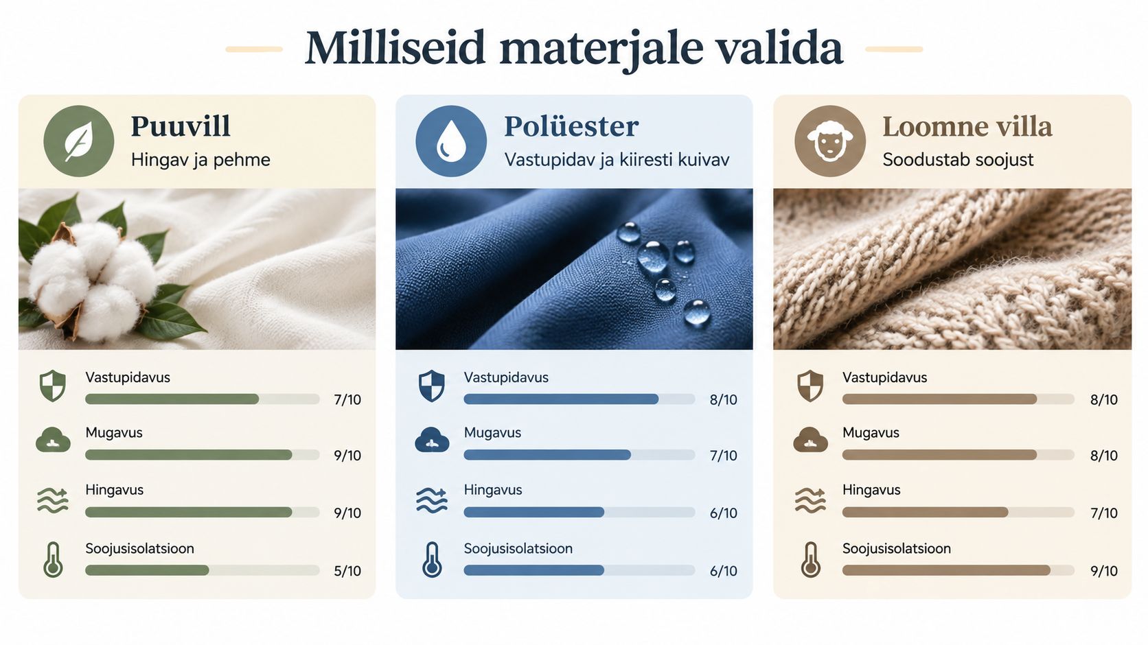 Võrdlustabel puuvilla, polüestri ja loomse villa omaduste, vastupidavuse, mugavuse, hingavuse ja soojusisolatsiooni kohta.