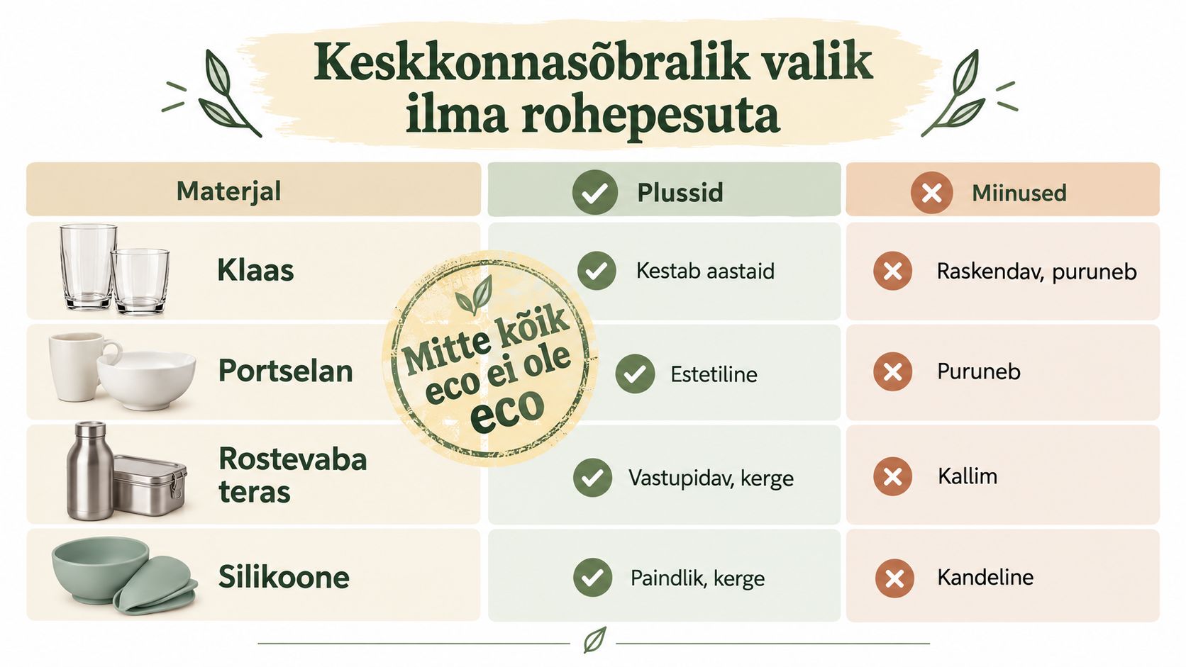 Tabel võrdleb erinevate materjalide nagu klaas, portselan, teras ja silikoon plusse ning miinuseid keskkonnasõbraliku valiku tegemiseks.