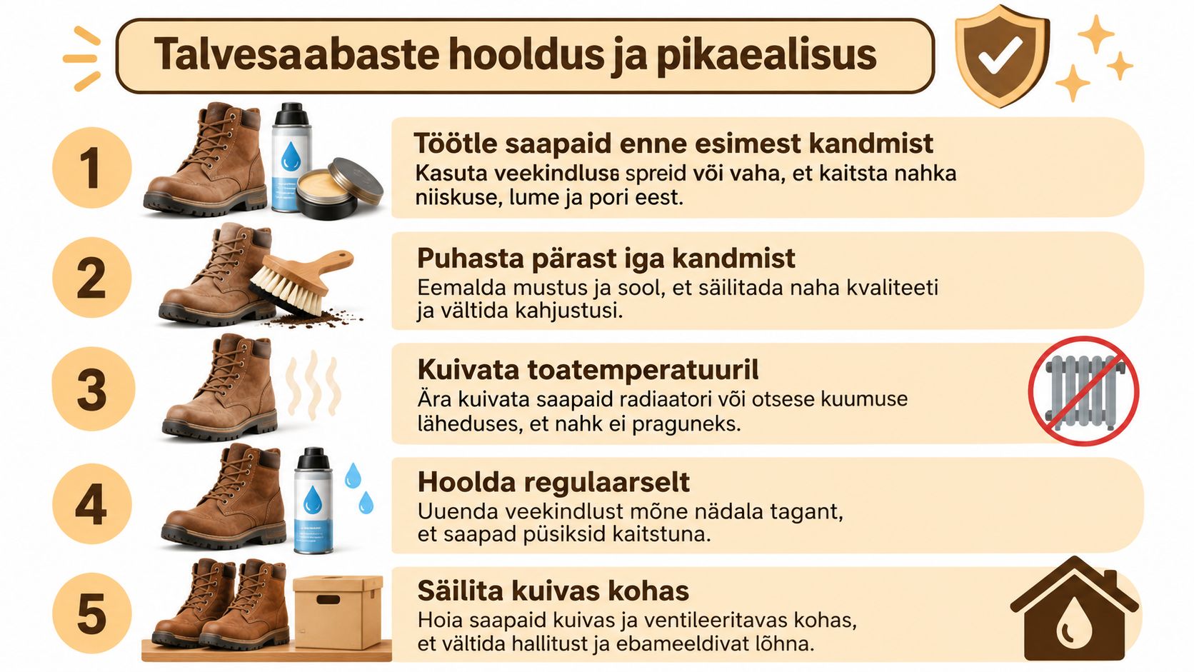 Infograafik, mis annab viis lihtsat sammu talvesaabaste hoolduseks ja pikaealisuse tagamiseks, sh puhastamine, kuivatamine ja ladustamine.