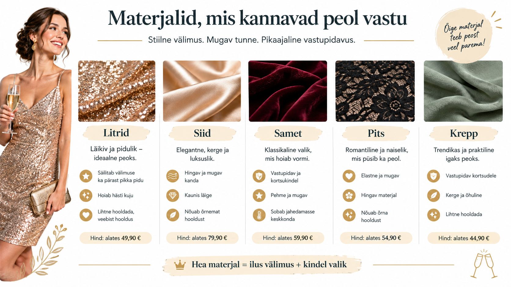 Erinevad pidulikud kangad nagu litrid, siid, samet, pits ja krepp ning nende peamised omadused ja hinnad.