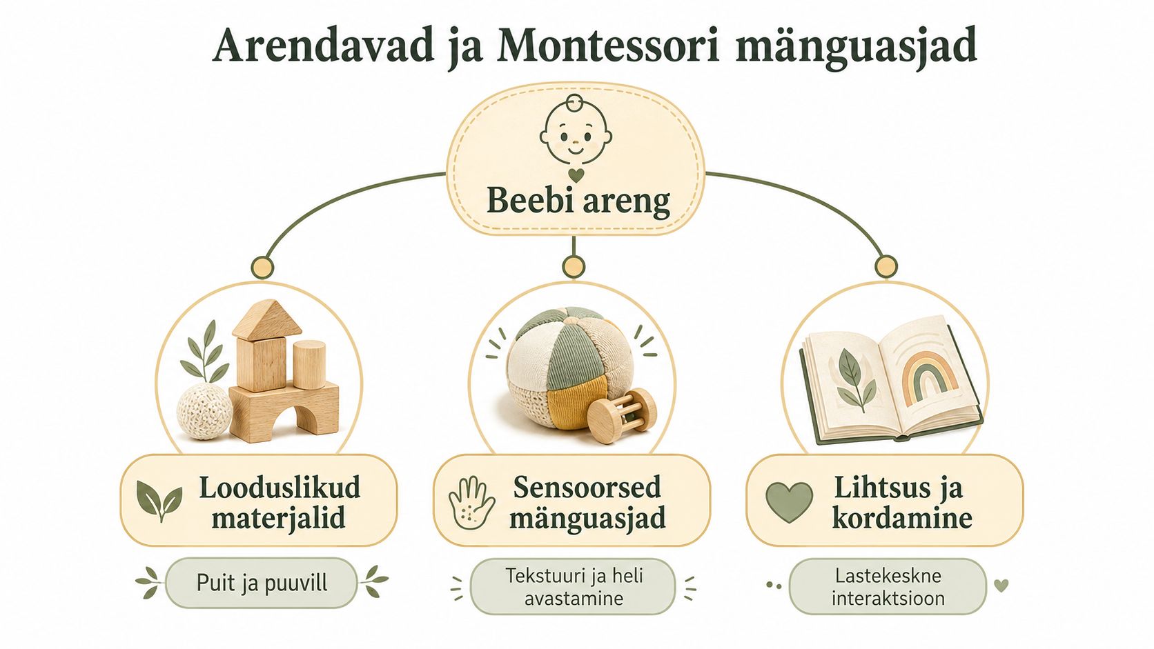 Skeem, mis selgitab arendavate Montessori mänguasjade peamisi põhimõtteid beebi arengu toetamiseks ja lapse kognitiivse kasvu soodustamiseks.