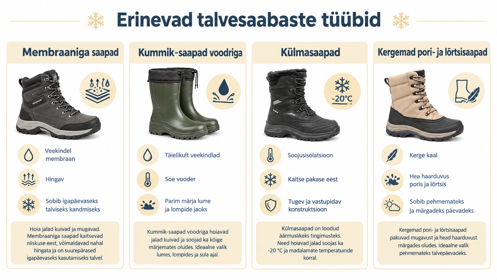 Erinevad talvesaabaste tüübid: membraaniga saapad, kummikud voodriga, külmasaapad ja kergemad pori- ning lörtsisaapad koos nende peamiste omadustega.