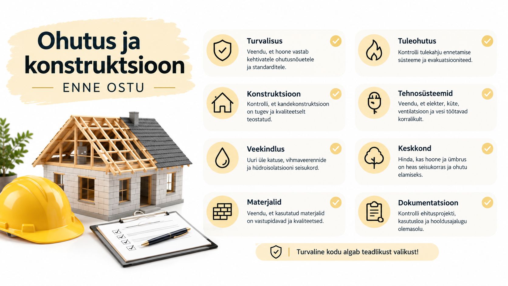 Infograafik juhistega ohutuse ja konstruktsiooni kontrollimiseks enne kinnisvara ostmist, et tagada turvaline kodu ja hea ehituskvaliteet.