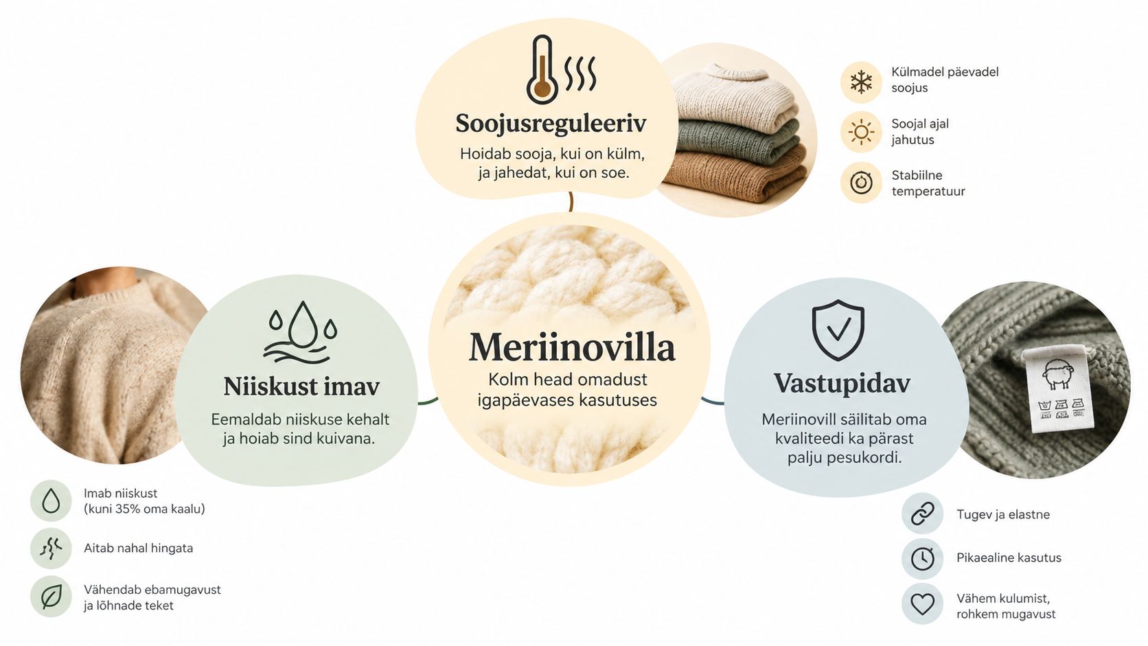 Infograafik selgitab meriinovilla kolme peamist kasulikku omadust: soojusregulatsiooni, niiskuse imavust ja materjali vastupidavust igapäevases kasutuses.