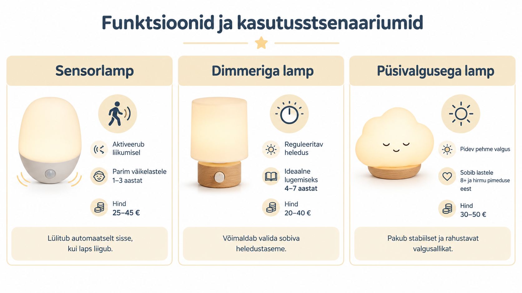 Võrdlev graafik erinevatest lastetoa öölampidest koos nende funktsioonide, sihtrühma ja hinnavahemikega selges tabelivormis.