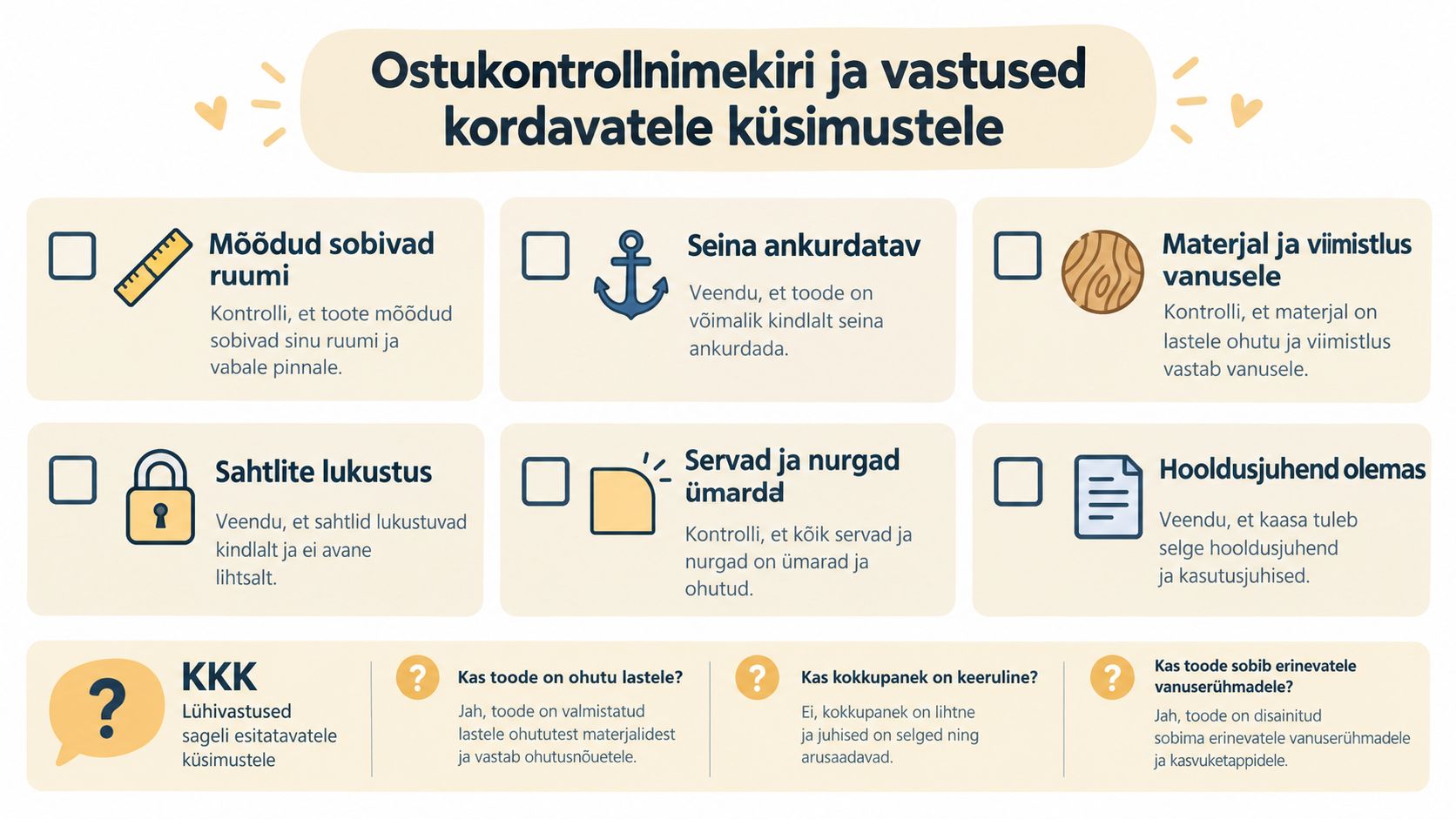 Kontrollnimekiri ja korduma kippuvad küsimused lastetoa mööbli ohutuse ja paigaldamise hindamiseks kodus.